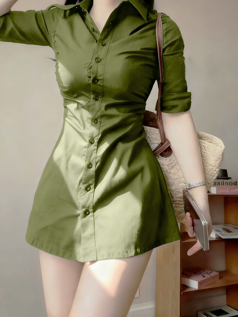 Waist- And Single-Breasted Solid Color Shirt Dress, Suitable for Dating And Commuting - Yellow-green