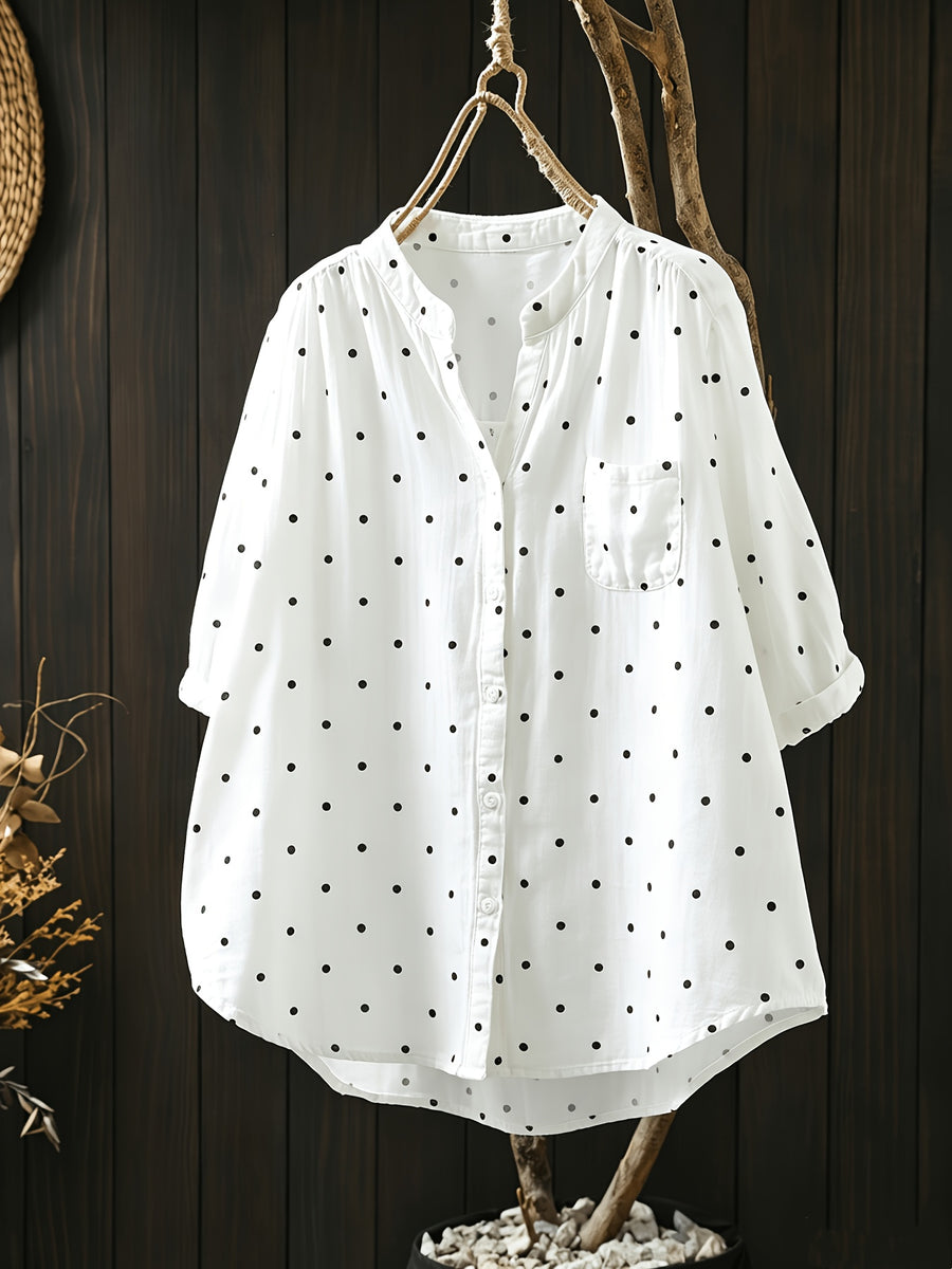 YYTT Elegant And Stylish Loose Polka Dot Shirt Women'S Summer New Casual Versatile Age-Reducing Five-Point Sleeve Top - White