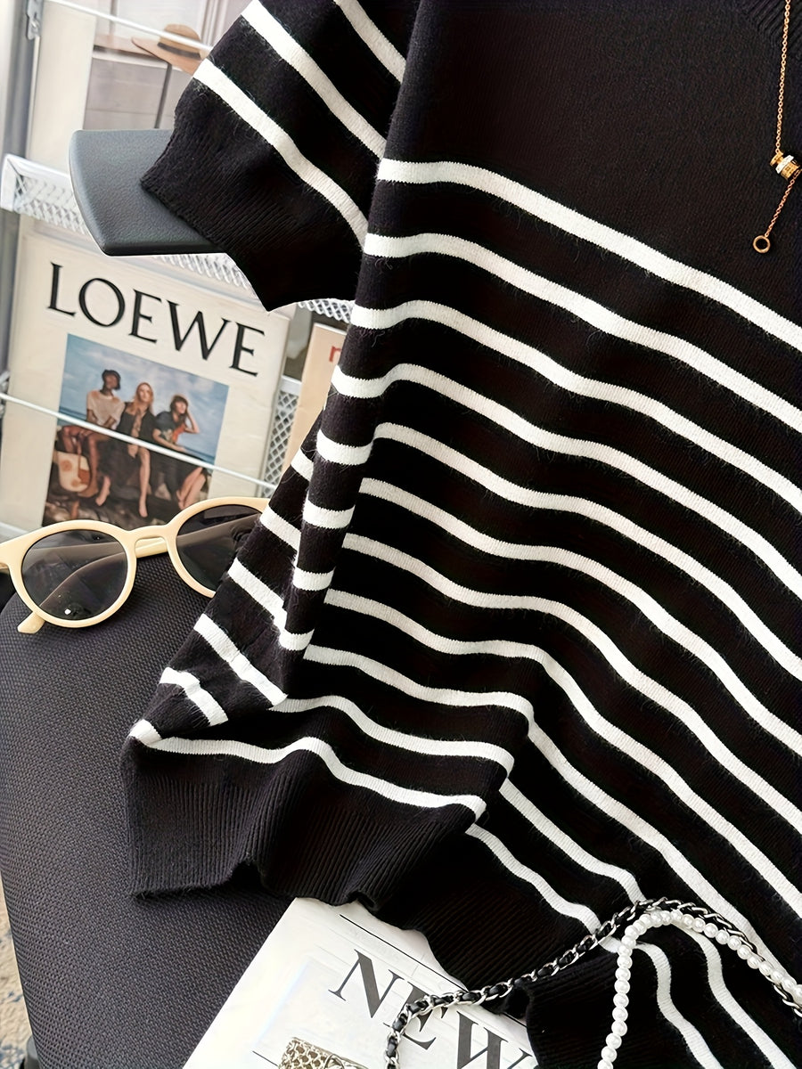 2026 New Women'S Summer Clothing Striped Short-Sleeved Top - Elegant Round Neck Color Block Design, Breathable Spring/Summer Casual/Formal Wear, Versatile Slim Fit T-Shirt, Everyday Fashion - Black