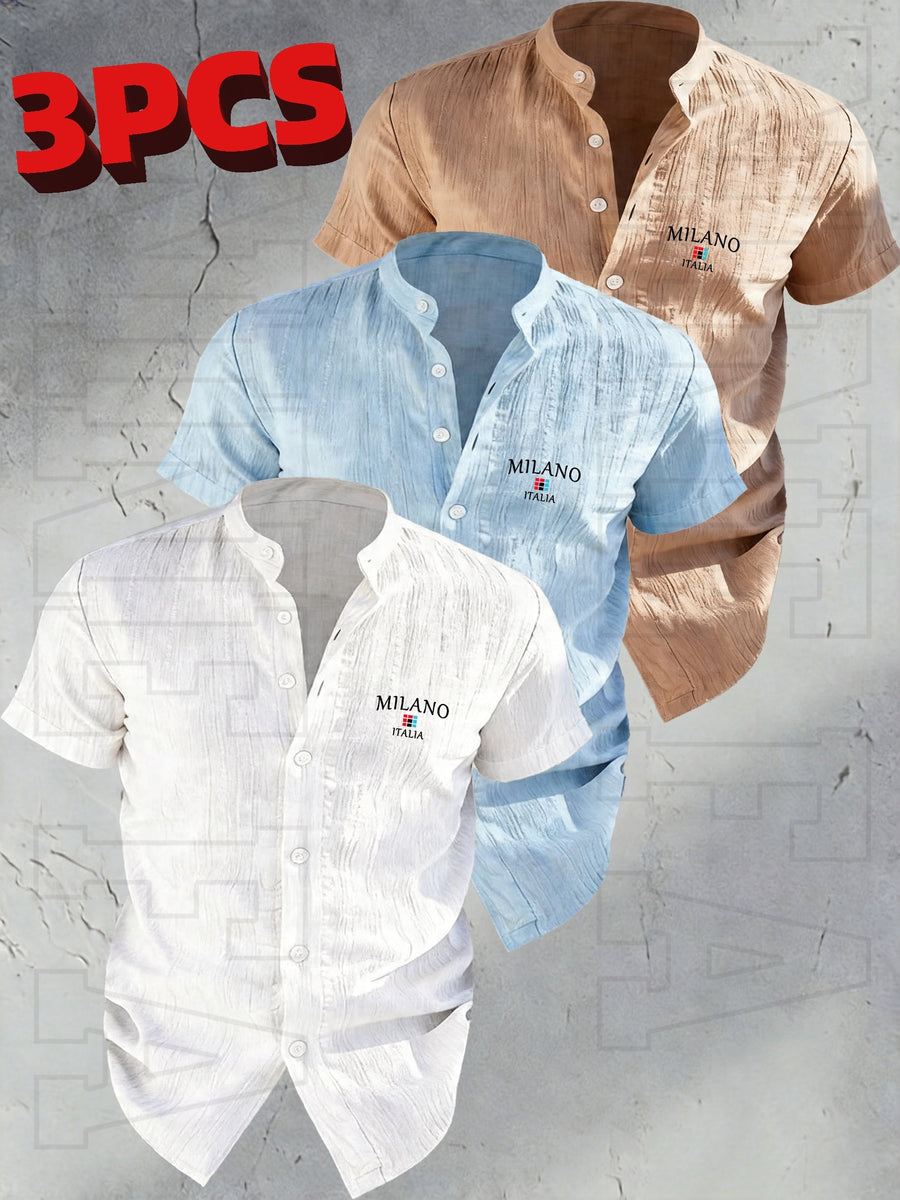 Josh Rose OBOM | Lightweight and Breathable Solid-color Button- Shirt with Geometric Pattern, Featuring a Simple Stand-up Collar Design. Suitable for Beach Vacations, Pool Parties, and Casual Wear. Comfortable and Simple for Daily Outings - White + Sky Blue + Earth Yellow