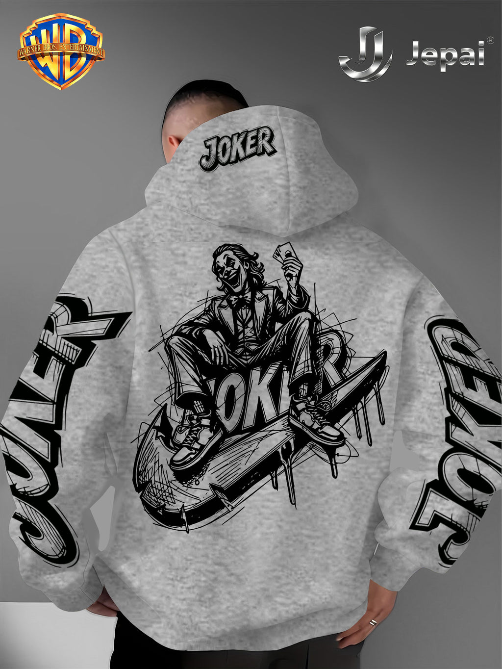 Official Warner Bros., Trendy Cool American Street Style DC Classic Character Themed Print Hoodie, American Street Style Unisex Long Sleeve Top, Suitable for Daily And Outdoor Activities, Ideal Warm Outerwear Choice for Autumn And Winter! - Light Grey