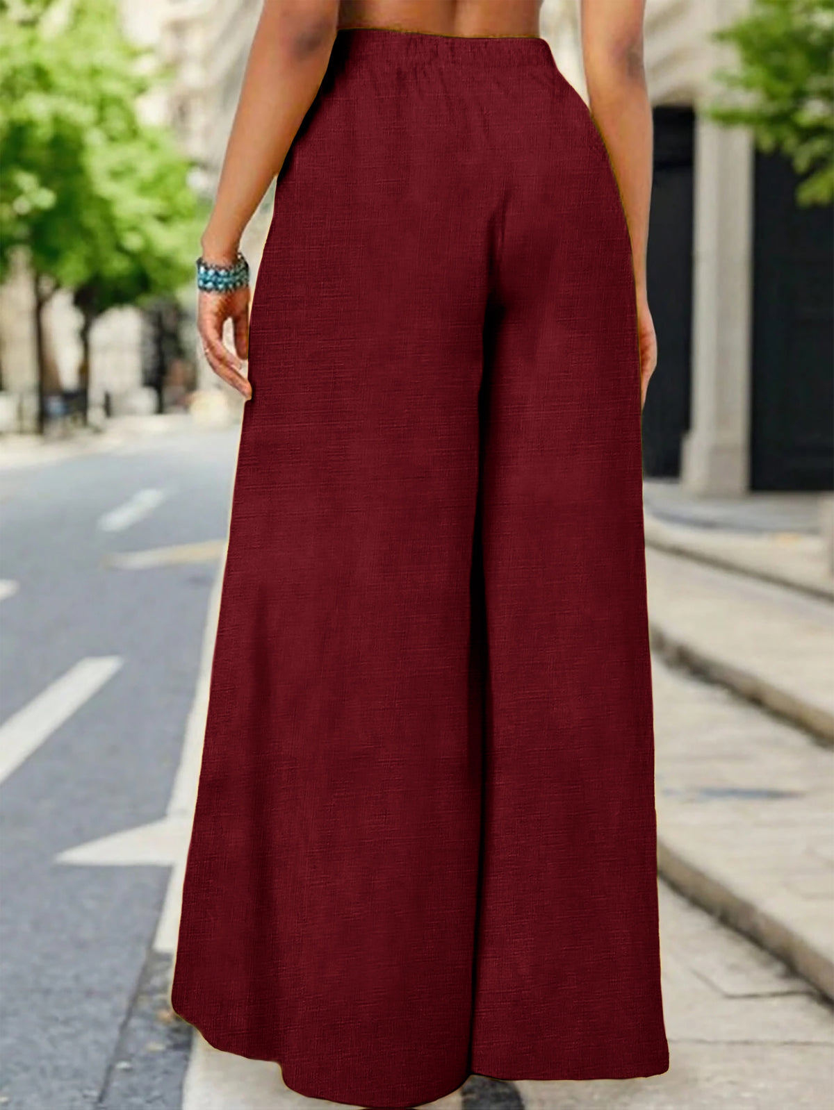 Yy0324110+Spring And Summer Women'S Fashion, Casual Elegance, High-Waisted Wide-Leg Pants - Burgundy