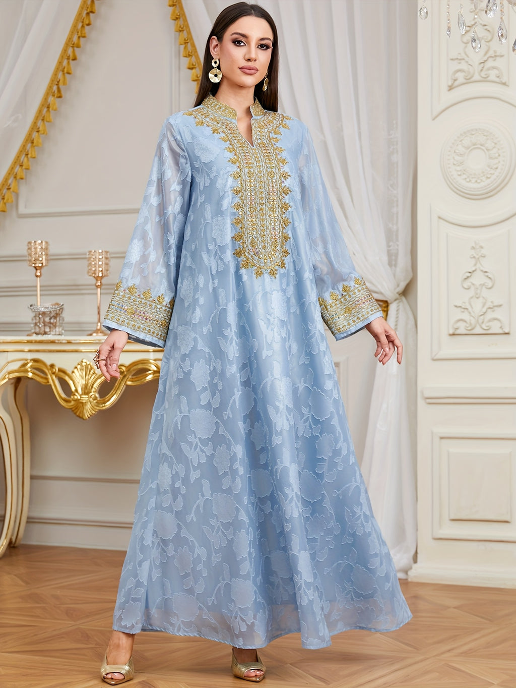 Women's Muslim Middle Eastern  New Rope Embroidery V-Neck Long Dress for Eid Al-Adha and Eid Al-Fitr Banquet Elegant Dress - Light Blue
