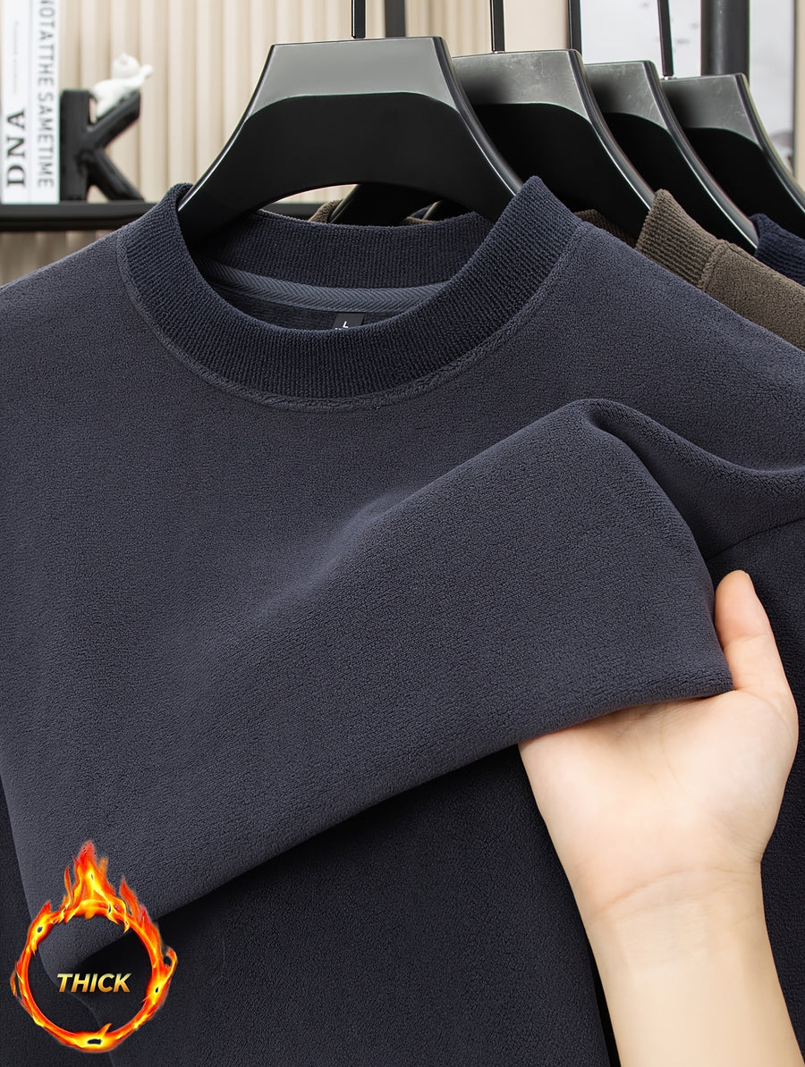 Autumn/Winter Men's -Lined Thickened Warm Base Layer Shirt, Crew Neck Long Sleeve T-Shirt, Solid Color Stretchy Inner Layer Casual Sweatshirt Top - Dark Gray