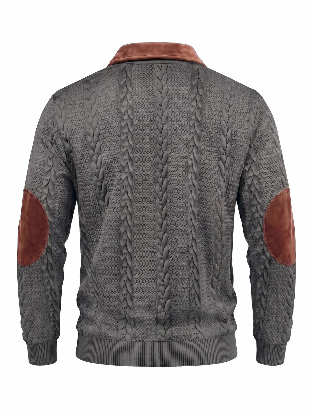New Men's Autumn/Winter Brushed Ribbed Cable Knit Casual Color-Block Jacquard Long Sleeve Patchwork Plush Sport Henley High-Neck Top - Dark Gray