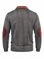 New Men's Autumn/Winter Brushed Ribbed Cable Knit Casual Color-Block Jacquard Long Sleeve Patchwork Plush Sport Henley High-Neck Top - Dark Gray