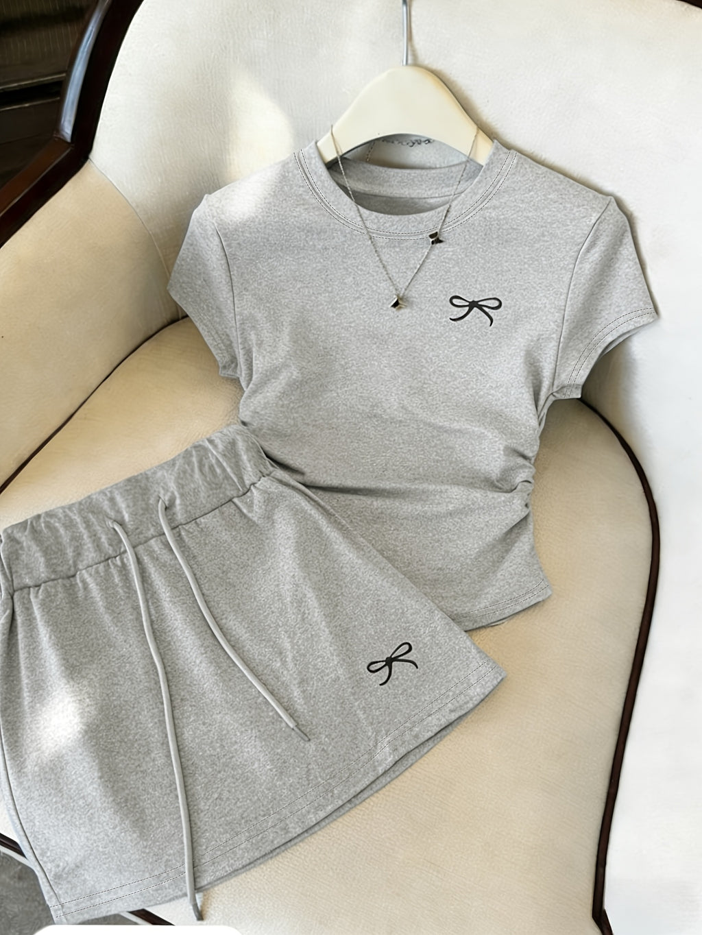 New Summer Bowknot Casual 2pcs Set for Women, Slim-Fit Short Sleeve T-Shirt + Drawstring Mini Skirt, Sweet and Spicy Style, and Versatile Swear Set - Grey