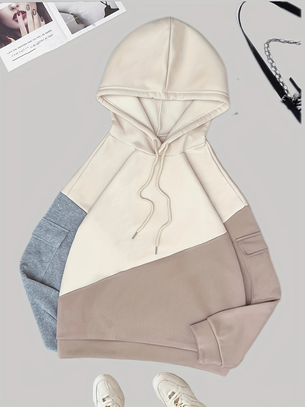 Color Block Fleece Loose Hooded Drawstring Sweatshirt with Pocket on The Arm - Khaki