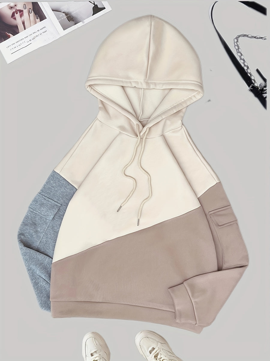 Color Block Fleece Loose Hooded Drawstring Sweatshirt with Pocket on The Arm - Khaki