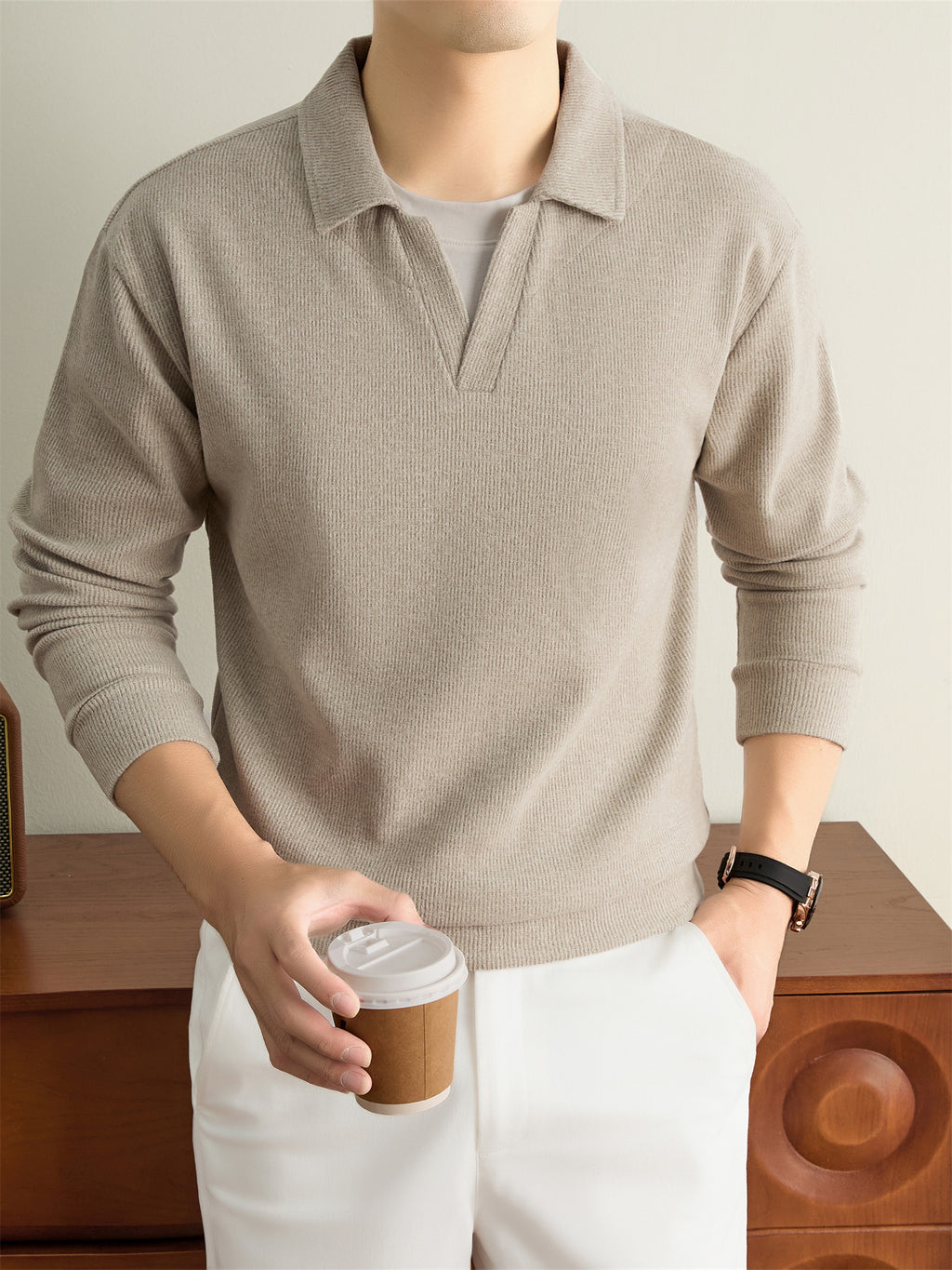 Autumn/Winter Knitted Solid Color Lapel Sweater, Basic Knit Pullover, Men's Fashion Long Sleeve Knitwear, All Sizes - Beige Color