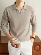 Autumn/Winter Knitted Solid Color Lapel Sweater, Basic Knit Pullover, Men's Fashion Long Sleeve Knitwear, All Sizes - Beige Color
