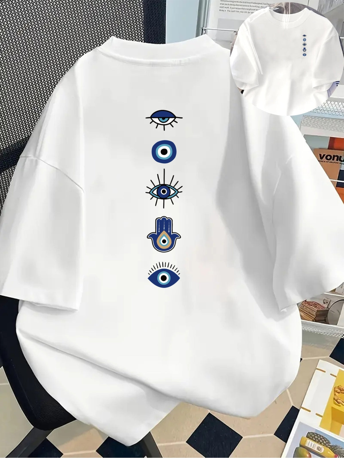 Fashionable Short-Sleeved Summer Essential with a Devil'S Eye Print, Featuring a Protective Charm Design And a Round Neck, Perfect for Casual Wear - Women'S Clothing, Comfortable Fit, Classic Style - White