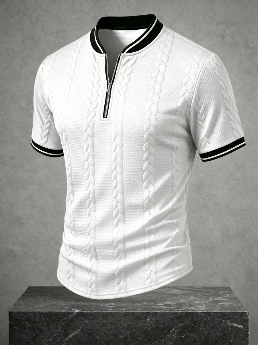 Men's Color-Block Baseball Collar Half-Zip Short-Sleeve T-Shirt, Three-Dimensional Cable Knit Texture Short Sleeve, New Summer Trendy Casual Half-Sleeve Jacquard Polo Shirt, Versatile Men's Top, Baseball Collar + Contrast Ribbed Cuffs for a Simple - White