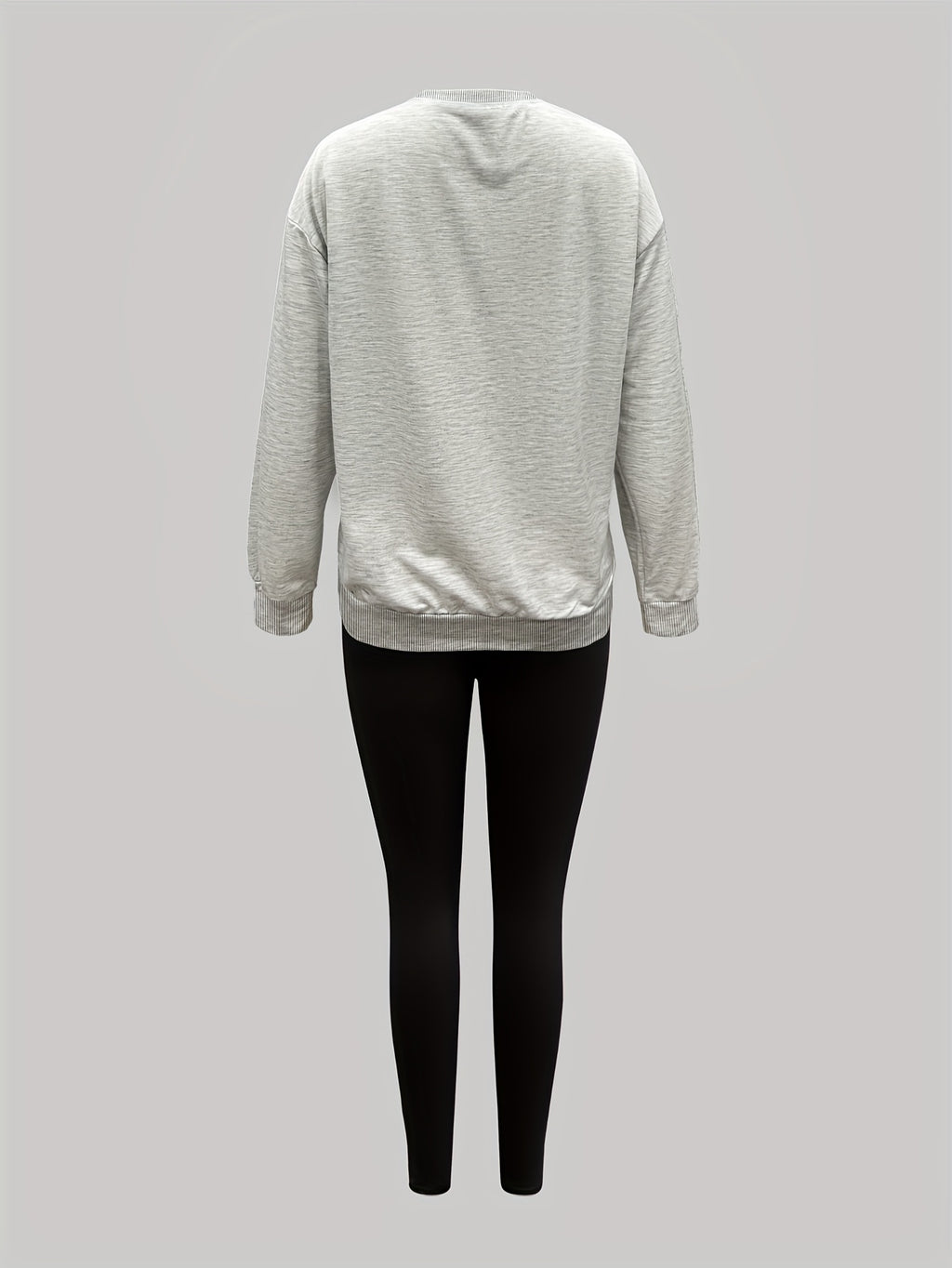 1014Gwen, 1 Set of Casual Women's Sweatshirt Set, 2pcs, Letter Print, Round Neck Long Sleeve Sweatshirt, Long Leggings, Can Be Worn Alone or as a Layering Piece, Suitable for Autumn and Winter, Women's Clothing - Grey+Black