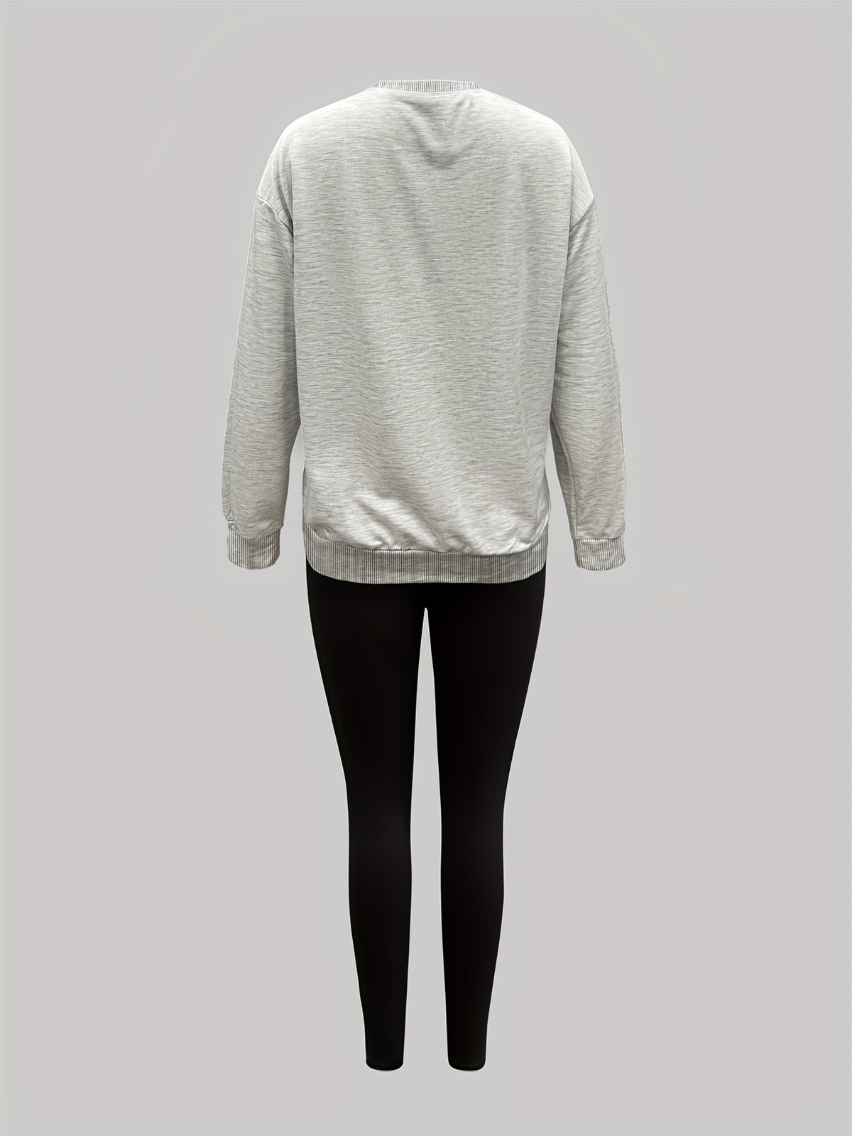 1014Gwen, 1 Set of Casual Women's Sweatshirt Set, 2pcs, Letter Print, Round Neck Long Sleeve Sweatshirt, Long Leggings, Can Be Worn Alone or as a Layering Piece, Suitable for Autumn and Winter, Women's Clothing - Grey+Black