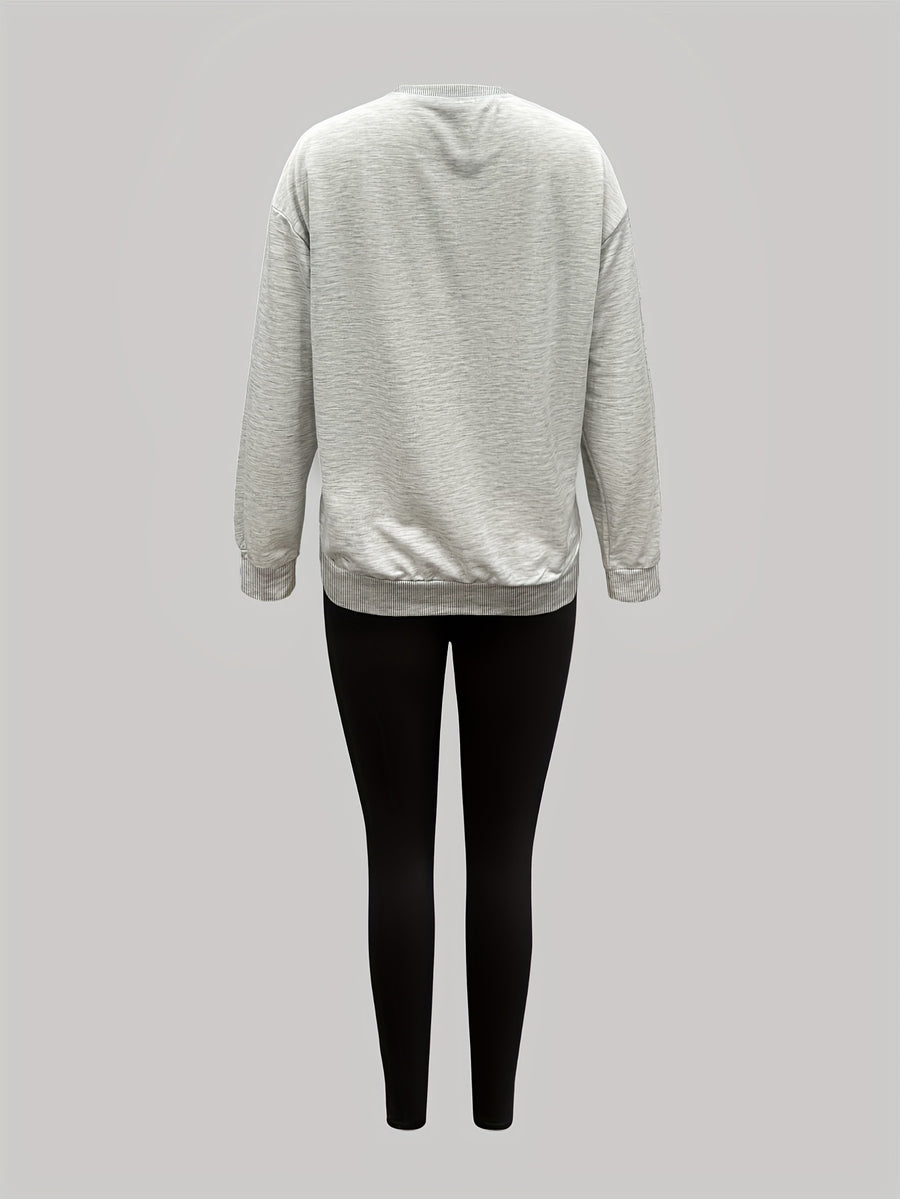 1014Gwen, 1 Set of Casual Women's Sweatshirt Set, 2pcs, Letter Print, Round Neck Long Sleeve Sweatshirt, Long Leggings, Can Be Worn Alone or as a Layering Piece, Suitable for Autumn and Winter, Women's Clothing - Grey+Black
