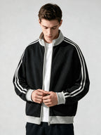 Stand Collar Striped Sports Jacket Waffle Knit Fabric Soft And Breathable Full Zip Closure for Easy Wear Double Zipper Pockets for Storage Drop Shoulder Loose Style Retro Casual, Spring, Fashion, Men, Outdoor, Quick-Dry - Black