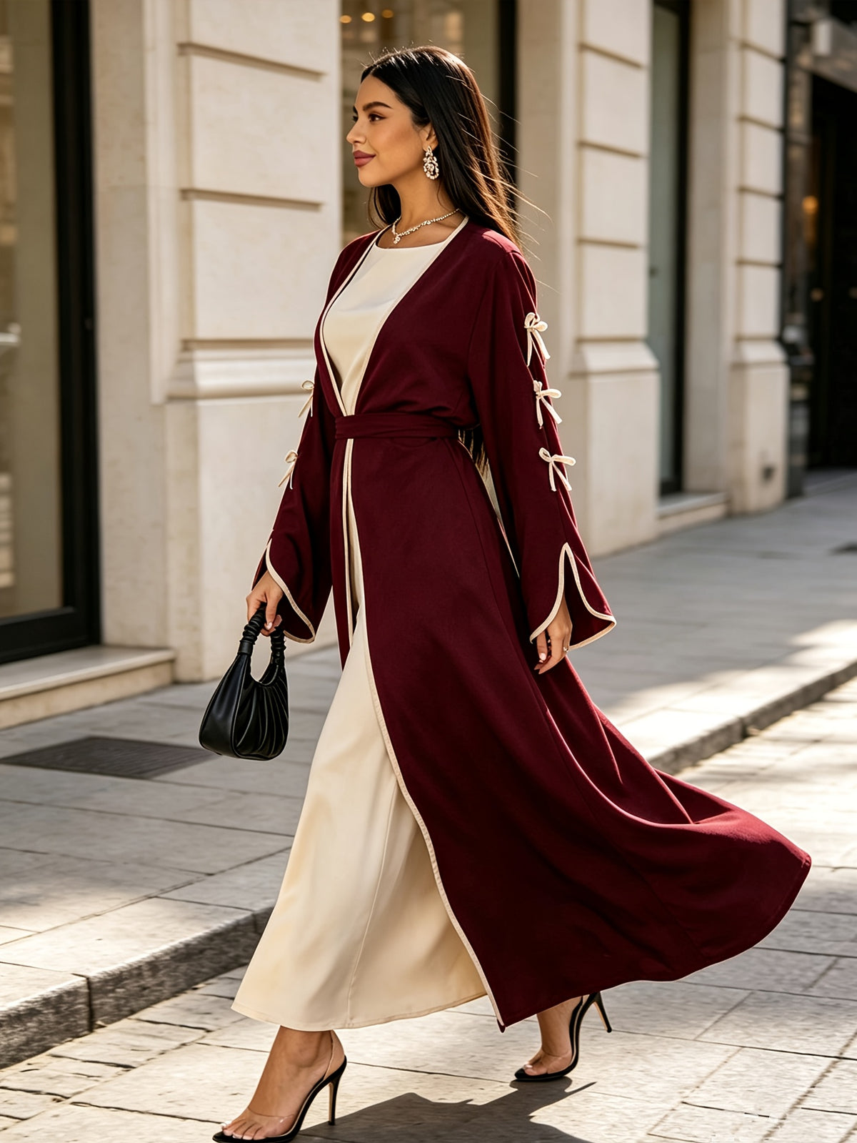 Dubai Light Luxury Muslim Abaya Outer Coat, Tie-Waist Style Islamic Women'S Dress, Ramadan Eid Banquet Elegant Long Cardigan - Burgundy