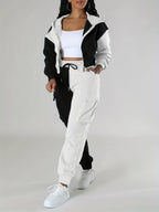 Fashion Women'S Clothing, Color-Block Hooded Casual Set - Black And White
