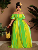 Plus Size Women'S Printed New Spring Summer Off-Shoulder Long Dress - Yellow