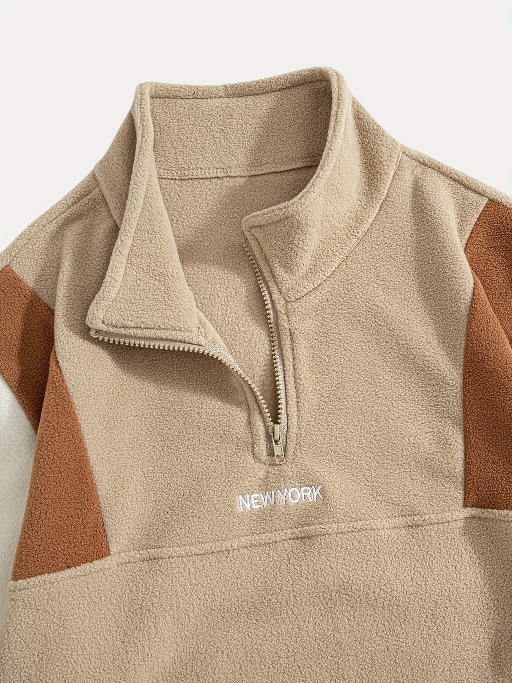 Fleece Color-Blocked Spliced Letter Embroidered Zip-Up Sweatshirt, Men'S Mid-High Collar Half-Zip Pullover Warm Outerwear, Men'S Casual Sportswear with a Trendy Street And Collegiate Style, Suitable for Daily Wear And Casual Outdoor Activities - Khaki