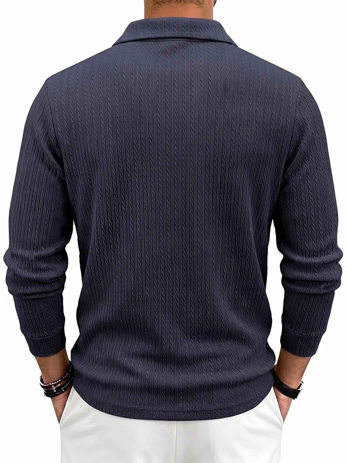 Men'S Casual Jacquard Polo Shirt, Autumn Easy Style Elastic Long Sleeve Textured Fabric Slim Fit Base Layer Top - Navy Color