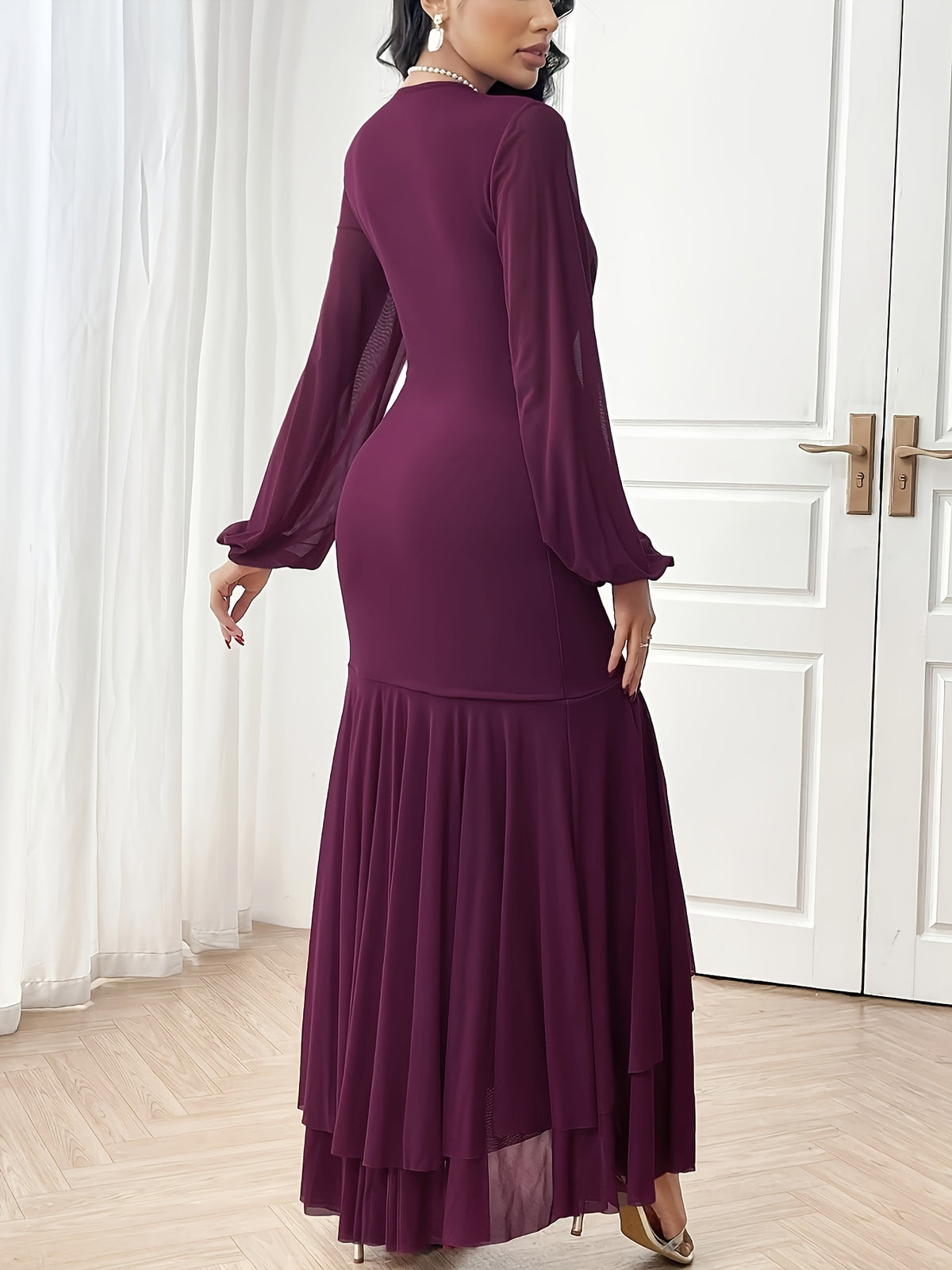 YY0309143 French-Style Elegant V-Neck Pleated Dress, Sexy Mermaid Hem Long Sleeve Maxi Dress, High-End Evening Party Gown - Rose Red