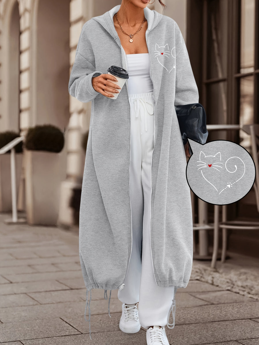 Women's Casual Fashion Long Hooded Jacket with Front and Back Print of White Lines, Red Heart Nose Cat Design + Heart-Shaped Tail Decoration, Comfortable and Versatile for Daily Commute and Multiple Scenarios - Grey