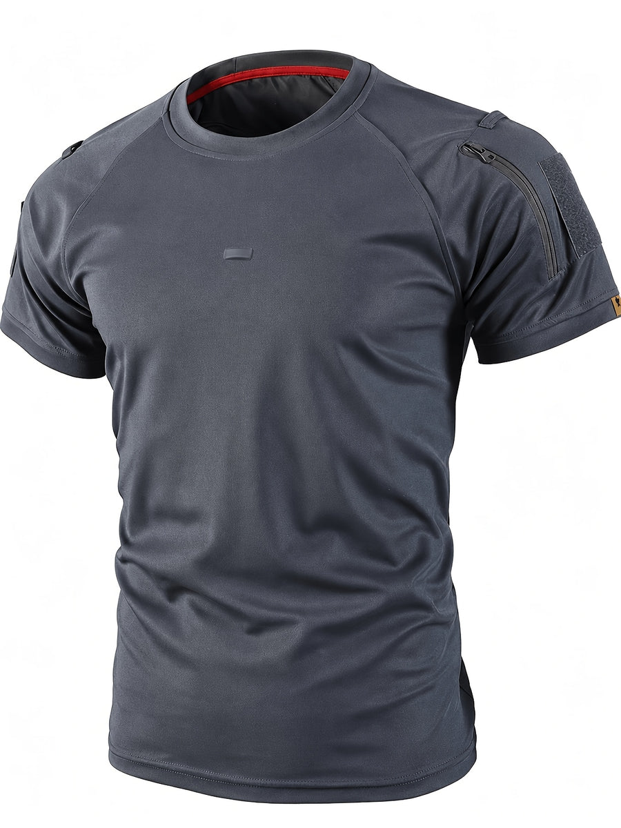 1pc Men'S Round Neck T-Shirt Outdoor Casual Quick-Dry Short Sleeve Top with Pocket And Hook-And-Loop Closure Breathable T-Shirt for Camping Hiking Fishing Running Sports Shirt, Additions Not Included - Grey