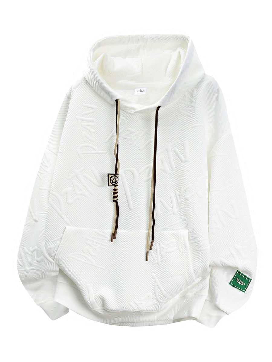 Men'S Jacquard 3D Letter Hooded Sweatshirt Solid Texture Oversized Drop Shoulder Pullover Casual Street Style Drawstring Kangaroo Pocket Daily Top - White