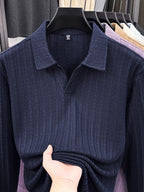 Mature Men'S Knit Long Sleeve Polo Shirt, Multi-Cable Design Heavyweight Style Multi-Color Available Textured Ribbed Fabric, V-Neck Long Sleeve Design, Delicate Vertical Ribbed Jacquard Texture, Light Mature Business Casual Style - Shangqing