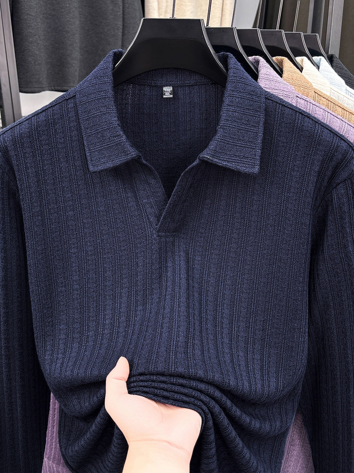 Mature Men'S Knit Long Sleeve Polo Shirt, Multi-Cable Design Heavyweight Style Multi-Color Available Textured Ribbed Fabric, V-Neck Long Sleeve Design, Delicate Vertical Ribbed Jacquard Texture, Light Mature Business Casual Style - Shangqing