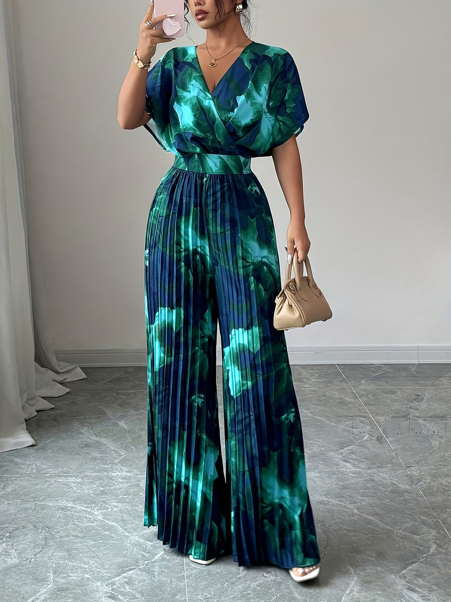 Women's Spring/Summer Elegant Vacation Style Floral Print V-Neck Batwing Sleeve Pleated Wide-Leg Jumpsuit - Dark Cyan