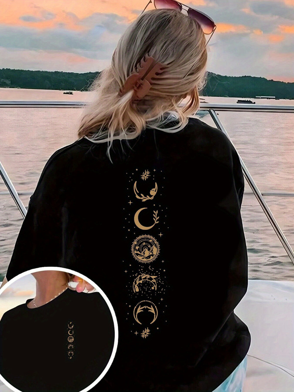 Women's Casual Short-Sleeve Top with Front and Back Floral Crescent Moon Print, Round Neck - Women's Apparel, Comfortable Fit, Classic Design - Black