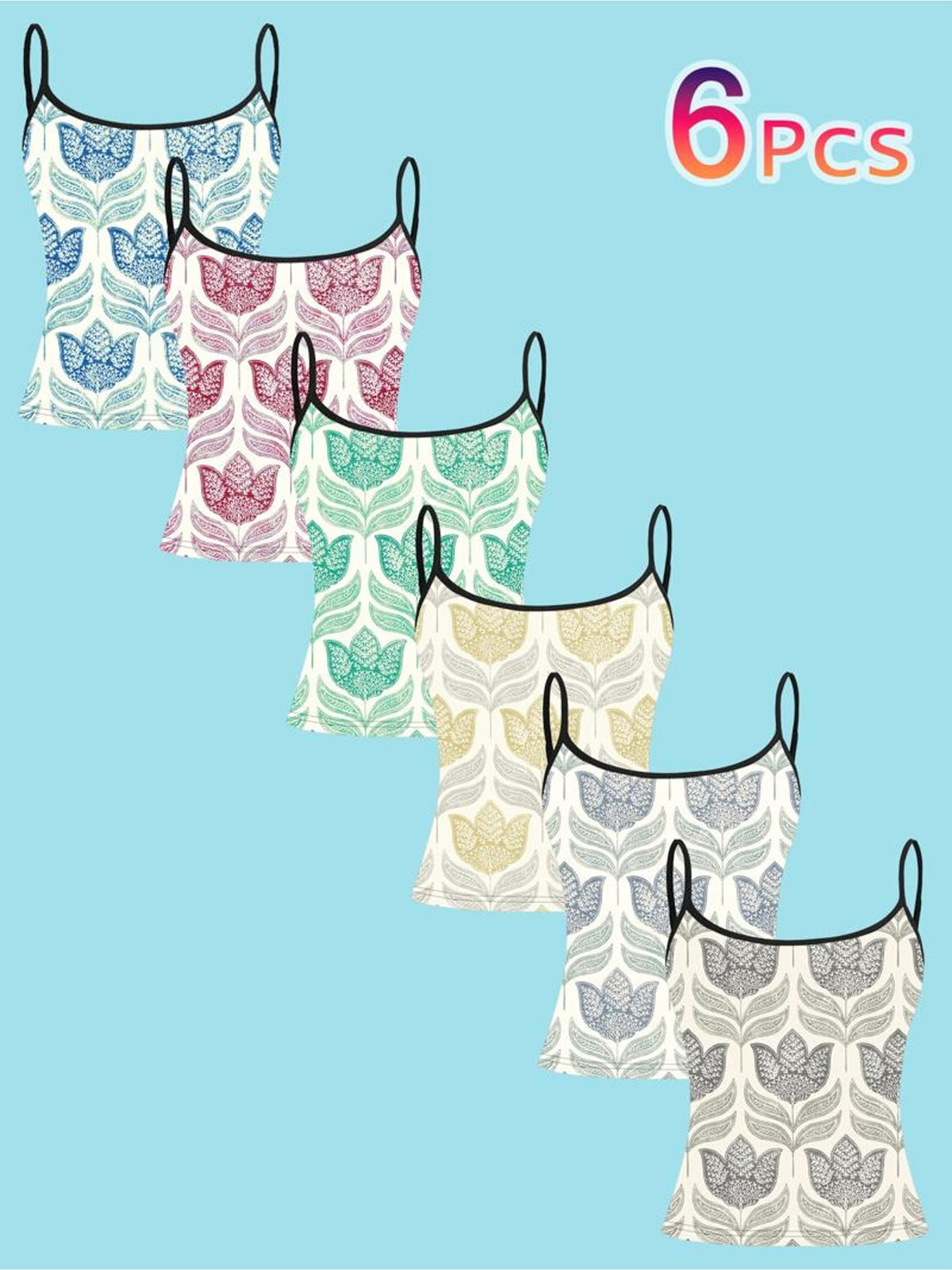 6pcs Women'S Camisole Vest Set, Floral Print, Fabric, Multi-Color And Multi-Size Available, Thin Straps with Black Neckline Trim, Ideal for Daily Wear And Casual Outings, Fashionable And Comfortable