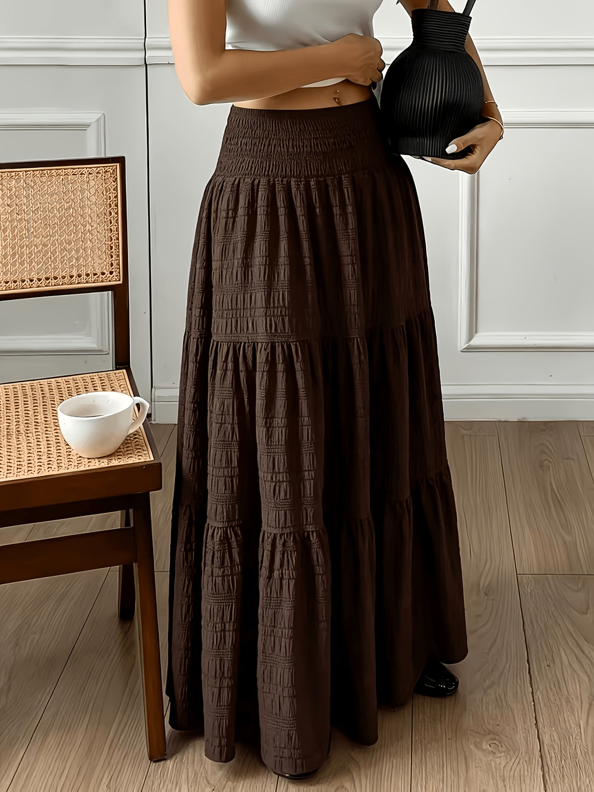 Fashionable Layered Patchwork French Style Solid Long Skirt, with Tie-Waist Elastic Waist Design, A-Line Silhouette, Suitable for Women on Vacation, Layered Design, Breathable Fabric, Suitable for Casual Occasions, Suitable for Spring And Summer - Coffee Color