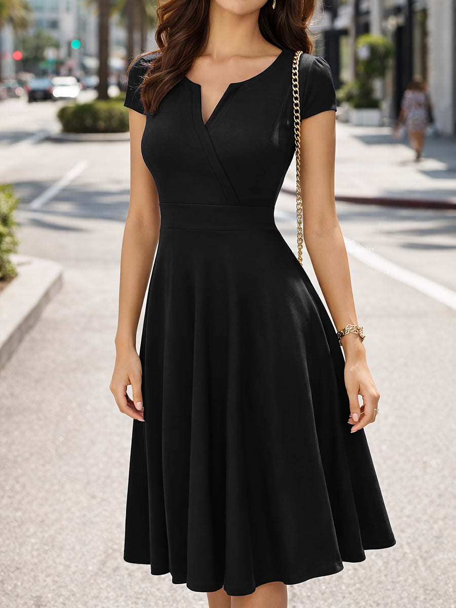 Summer Women'S Fashion Easy Solid Color Cross V-Neck Short Sleeve Waist-Cinching A-Line Midi Dress, Suitable for Daily Wear, Commuting, Office, And Business Formal Occasions - Black