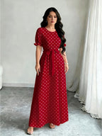 Elegant Summer Dress, Polka Dot Print Dress, Women's Fashion Round Neck Short Puff Sleeve Dress with Belted Waist, Long Dress ASD1 - Burgundy