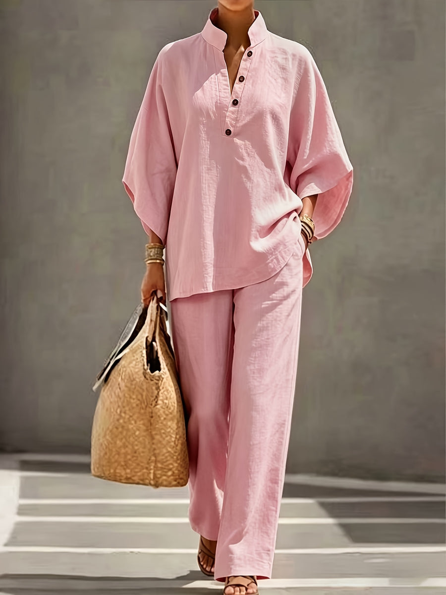 [PLMM] Spring Autumn Winter Women'S Fabric Button Short Collar Fashion Casual Two-Piece Long Pants Set - Pink Color