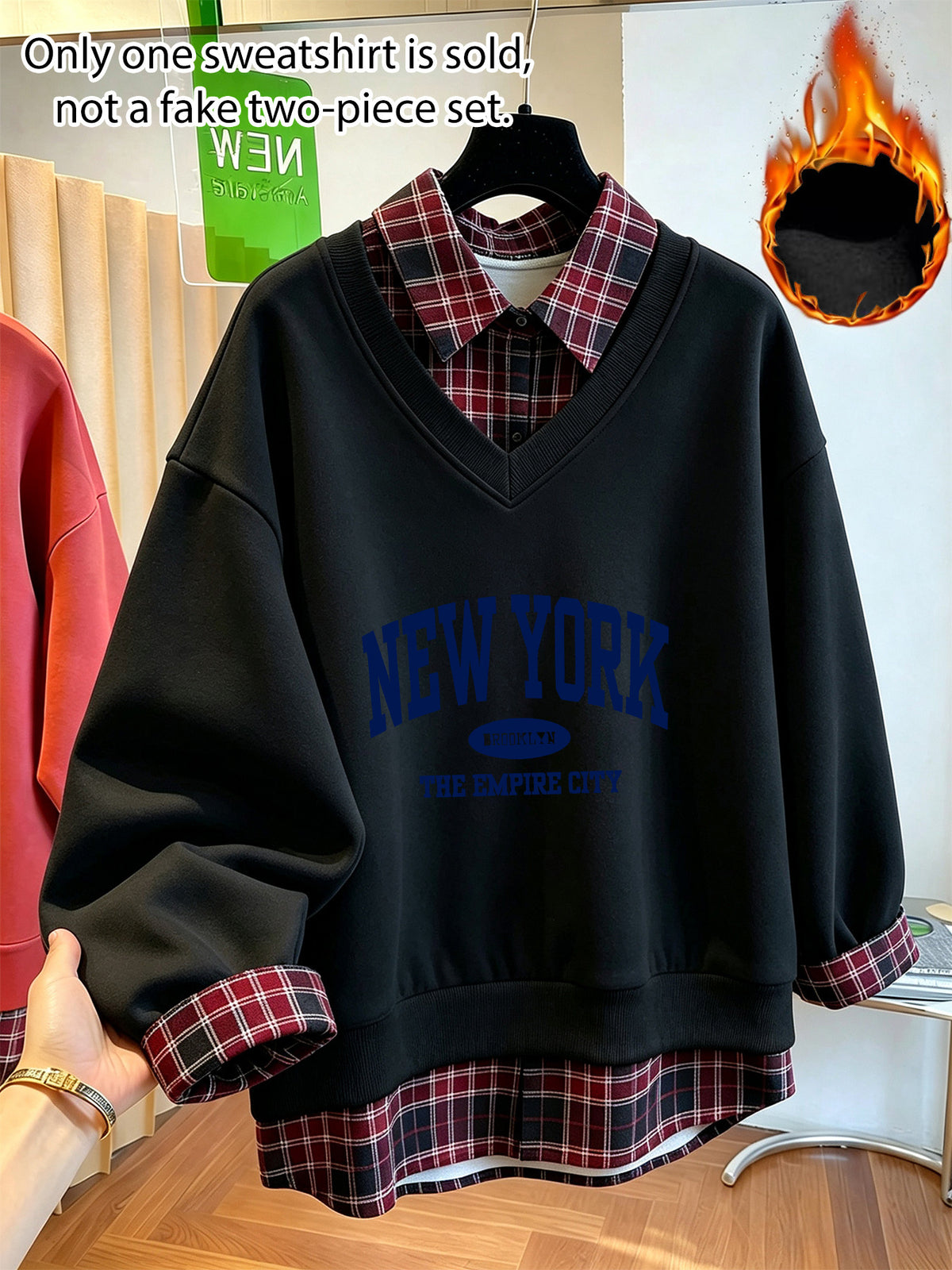 Fall Winter Essential V-Neck Warm Sweatshirt, Printed Pattern Design, Thickened And Fleece-Lined Comfortable Soft, Suitable for Various Dressing Styles, Perfect for Layering, Matching with Various Bottoms, Daily Office Commute - Black