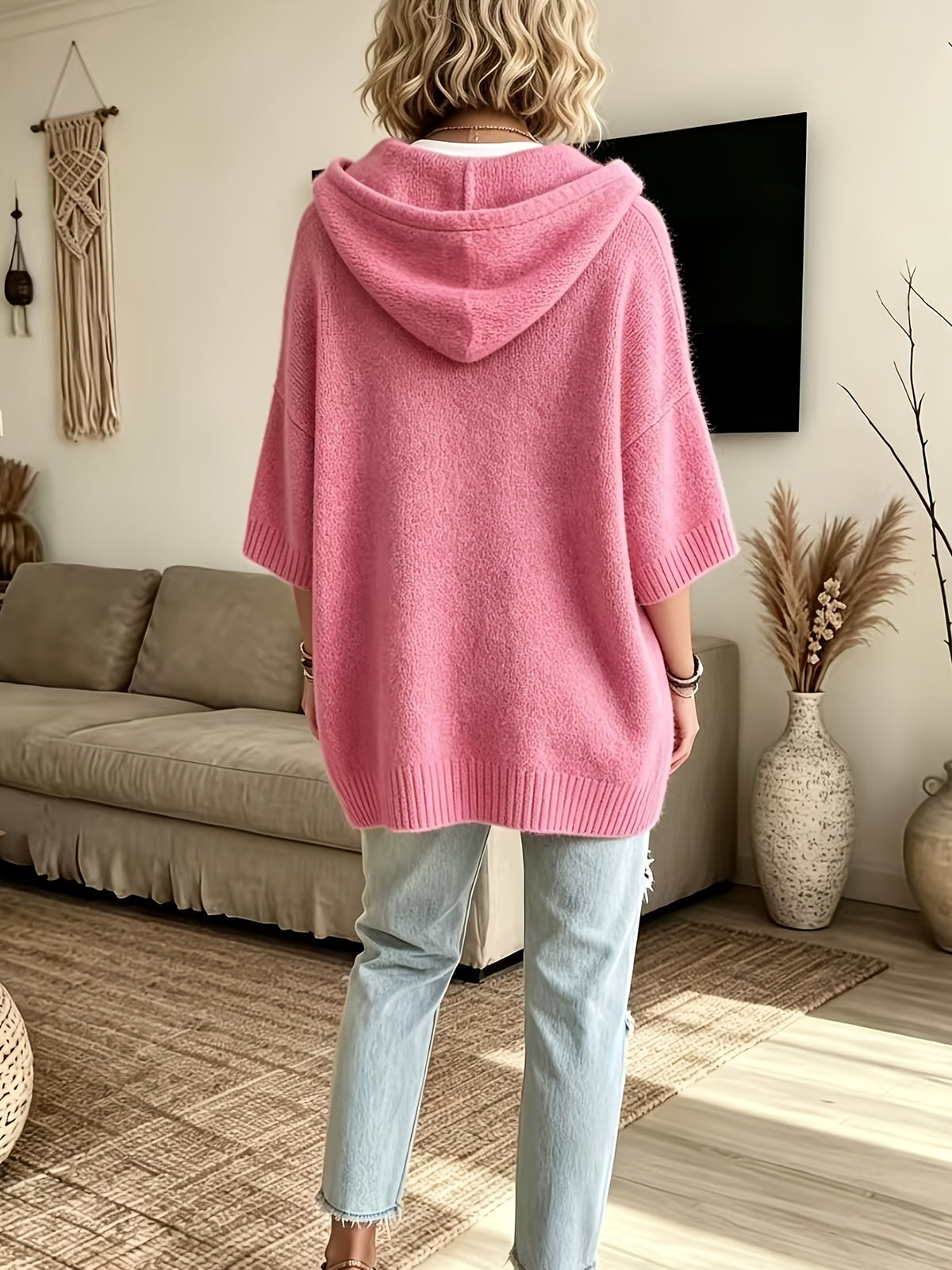 Women's Elegant Casual Three-Quarter Sleeve Drawstring Hooded Sweatshirt - Peach