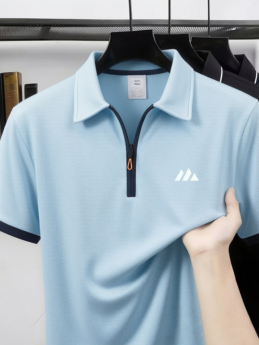 Summer New Men'S Half-Zipper Collar Short Sleeve Polo Shirt Casual Loose All-Match Polo Shirt - Light Blue