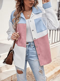 Elegant Women'S Spring Autumn Color-Block Long Sleeve Versatile Shirt Contrast Color Corduroy Shirt Jacket, Patchwork Color-Block Shirt Jacket, Early Autumn Loose Casual Cardigan, Fresh Blue Pink Color-Block Shirt - Mixed colors