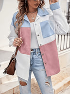 Elegant Women'S Spring Autumn Color-Block Long Sleeve Versatile Shirt Contrast Color Corduroy Shirt Jacket, Patchwork Color-Block Shirt Jacket, Early Autumn Loose Casual Cardigan, Fresh Blue Pink Color-Block Shirt - Mixed colors