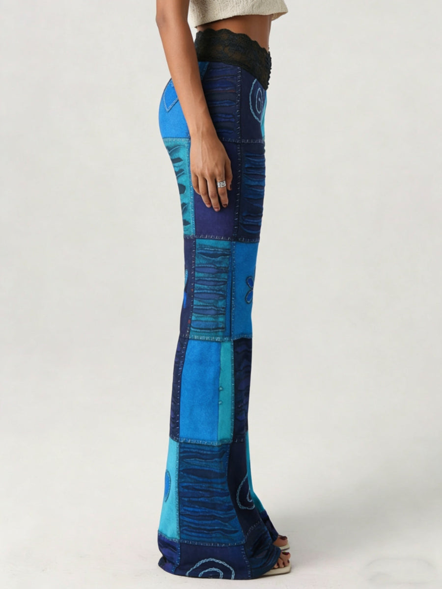 Sexy Lace Patchwork Flared Pants/Bohemian Color-Block Print/ - Multicolor
