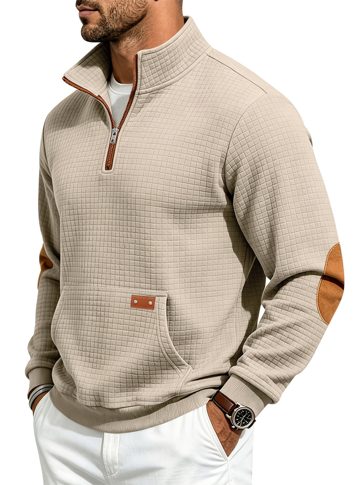 Men's Waffle Knit Casual Loose-Fit Long Sleeve Color-Block Stand Collar Half-Zip Autumn/Winter Sweatshirt - Khaki