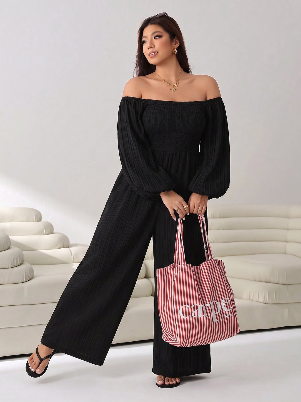 Plus Size Women'S Solid Long Sleeve Wide Leg Jumpsuit - Black