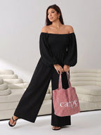Plus Size Women'S Solid Long Sleeve Wide Leg Jumpsuit - Black