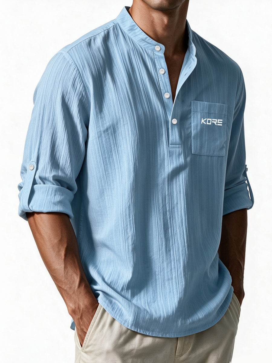 Men's Korean Style KORE Print Button-Up Shirt - Breathable Loose Fit Stand Collar Collar Shirt Suitable for Seasons, Machine Washable Button- Top for Casual & -Casual Wear, Office, Travel - Light Blue