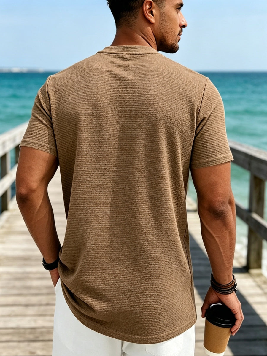 Summer Heavy Texture Men'S Loose Stretch Easy Basic Round Neck Trendy Short Sleeve - Dark Brown
